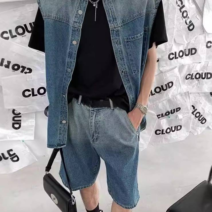 Retro Loose Fit Denim Shorts Men's Casual High Street Summer Shorts With Stretch Comfort_voghion.com