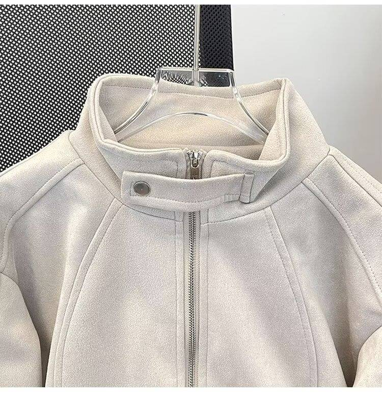 Giacca in pile scamosciato di ispirazione vintage per donna e uomo | Cappotto unisex oversize con collo alto e cerniera (grigio, M-2XL)_voghion.com