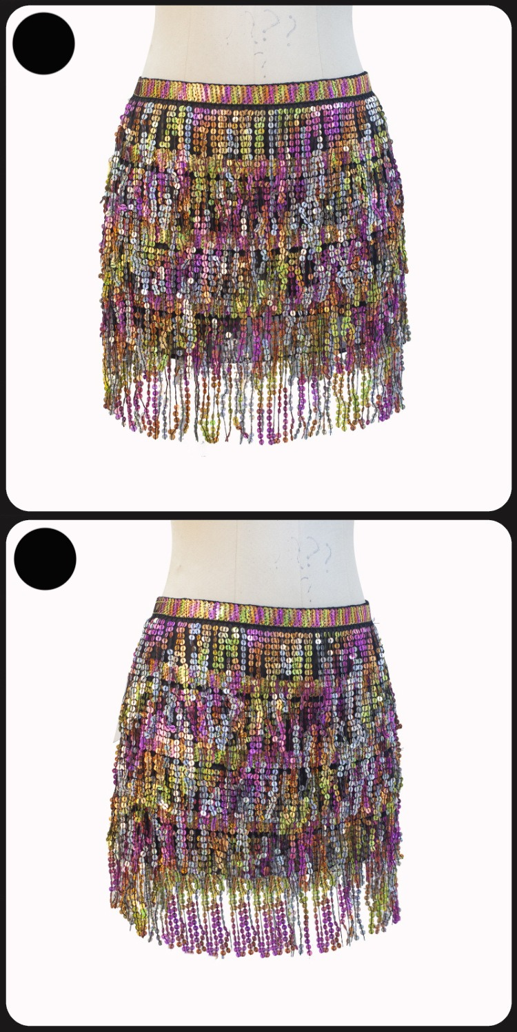 Chaîne de taille pour danse du ventre d'Halloween, serviette de hanche indienne, serviette de hanche à franges à paillettes bohème, costume de scène DS Performance_voghion.com