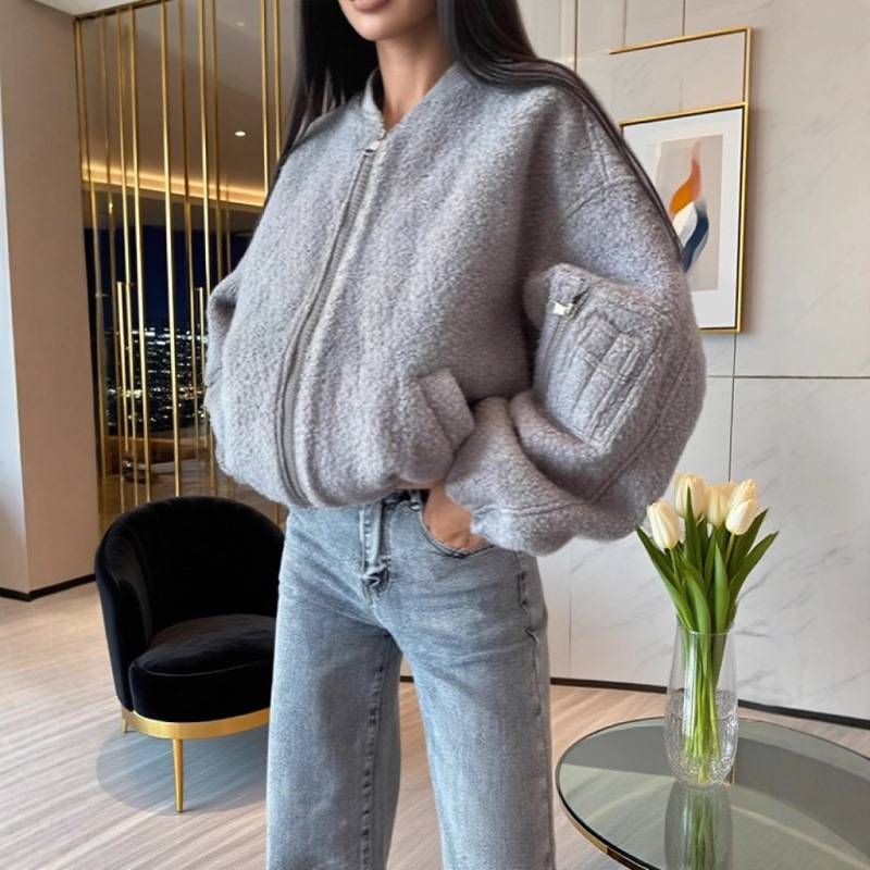 Women's Fleece Stand Collar Pullover Hoodie Long Sleeve Loose Fit Jacket With Big Pockets For Autumn Casual Streetwear MG598_voghion.com