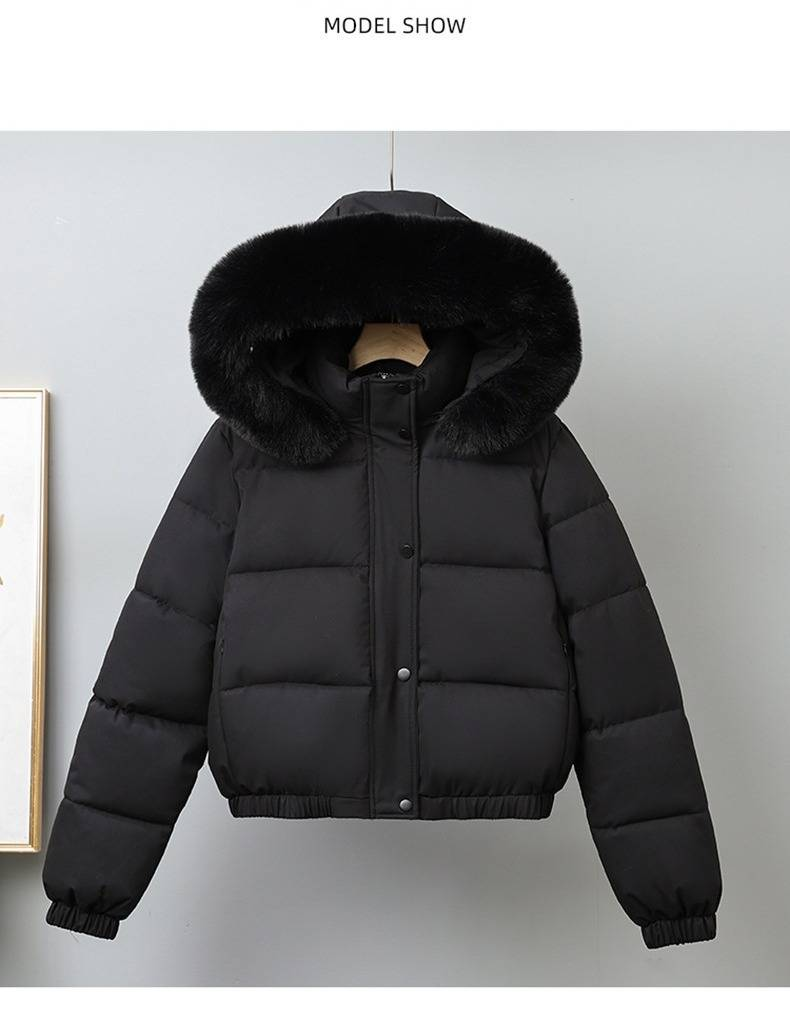 Gewatteerde winterjas met imitatiebontafwerking – korte gewatteerde jas voor dames (zwart/bruin/blauwgrijs/kaki/wit, M-XXXL)_voghion.com