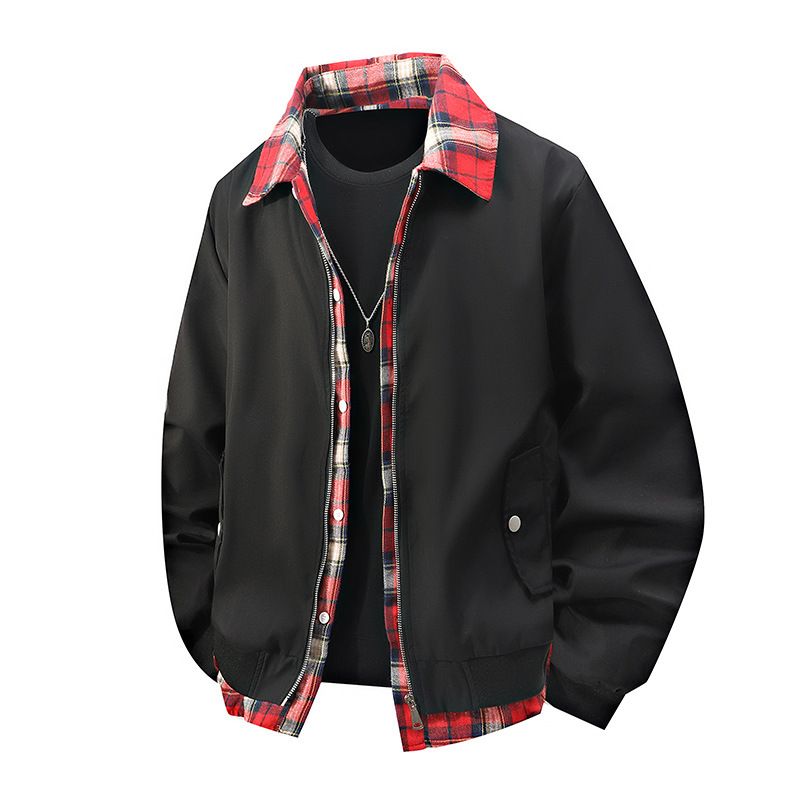 Giacca con revers a quadri da uomo Giacca finta con revers a quadri da uomo in due pezzi, vestibilità ampia, casual, primavera-autunno, nero e cachi, taglie dalla M alla 5XL_voghion.com