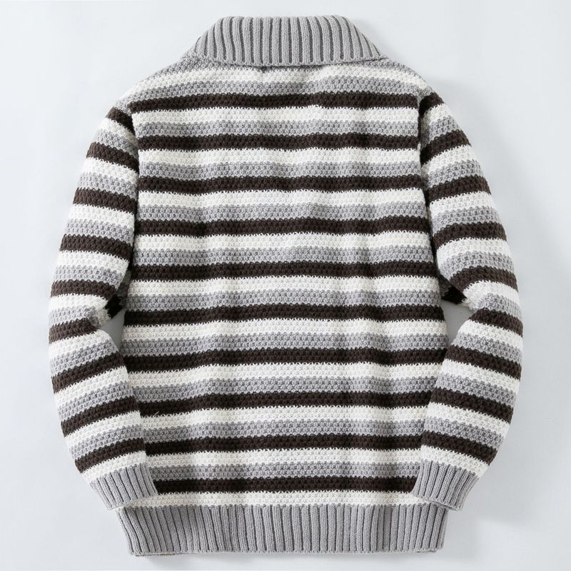 Herren-Cardigan mit Streifen und Kragen – Dick gestrickter, offener Pullover im Vintage-Stil, Grau (M–3XL)_voghion.com