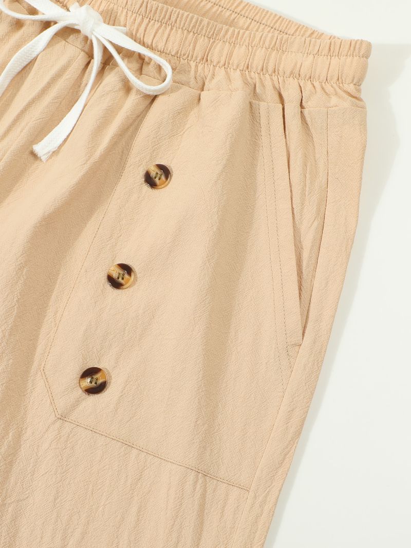 Pantaloncini estivi da uomo in cotone e lino, casual americani, larghi e dritti, con bottoni_voghion.com