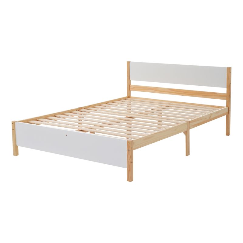 Doppelbett, Holzbett, Kiefernholzrahmen Mit Mittelfuß, Jugendbett, Erwachsenenbett, Mit Kopf- Und Fußteil Aus MDF, Bianco + Natura, 140x200 Cm_voghion.com