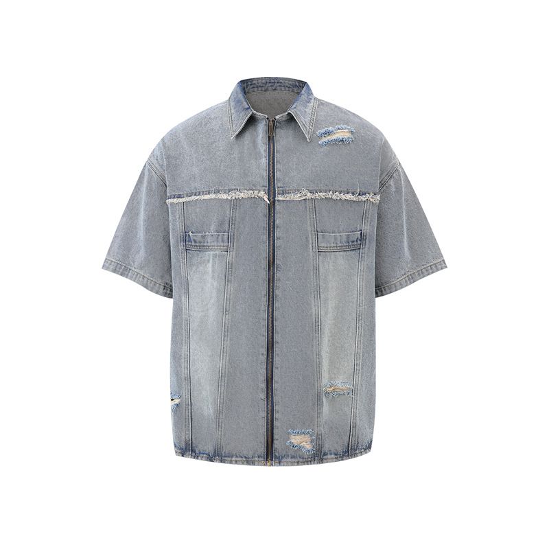 Herrenbekleidung Retro Raw Edge Distressed Ripped Denim Reißverschlussjeans Trendy Loose Casual Vielseitige Arbeitskleidung Männer und Frauen Anzüge_voghion.com