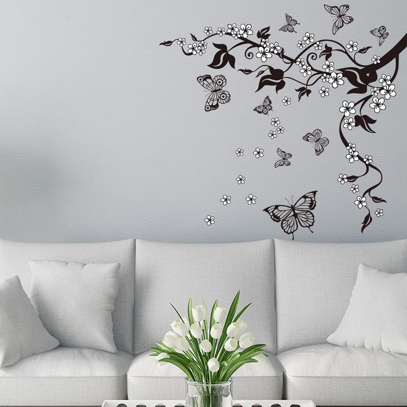 Handgezeichnete Schmetterlingszweige, Blumen, PVC N1811, selbstklebende dekorative Aufkleber für die Wohnzimmer-Hintergrundwand_voghion.com