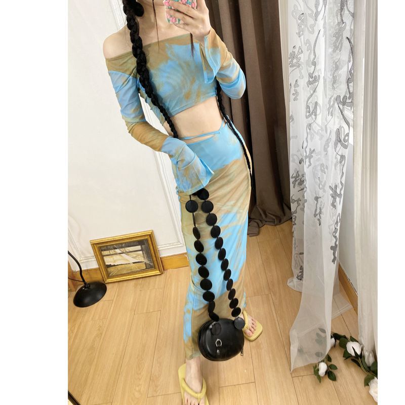 Oberteil im französischen, süßen und würzigen Stil für Damen, hochwertiger, einzigartiger, atemberaubender, zweiteiliger langer Netzrock mit Farbverlauf für den Strandurlaub_voghion.com