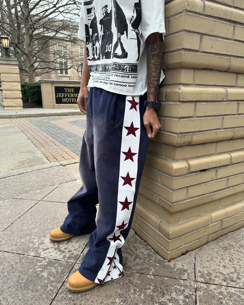 Unisex Hip-Hop Jogginghose – Lose Passform Jogginghose mit Stern- und Reißverschluss-Print (Schwarz/Blau/Grün, S-XL)_voghion.com