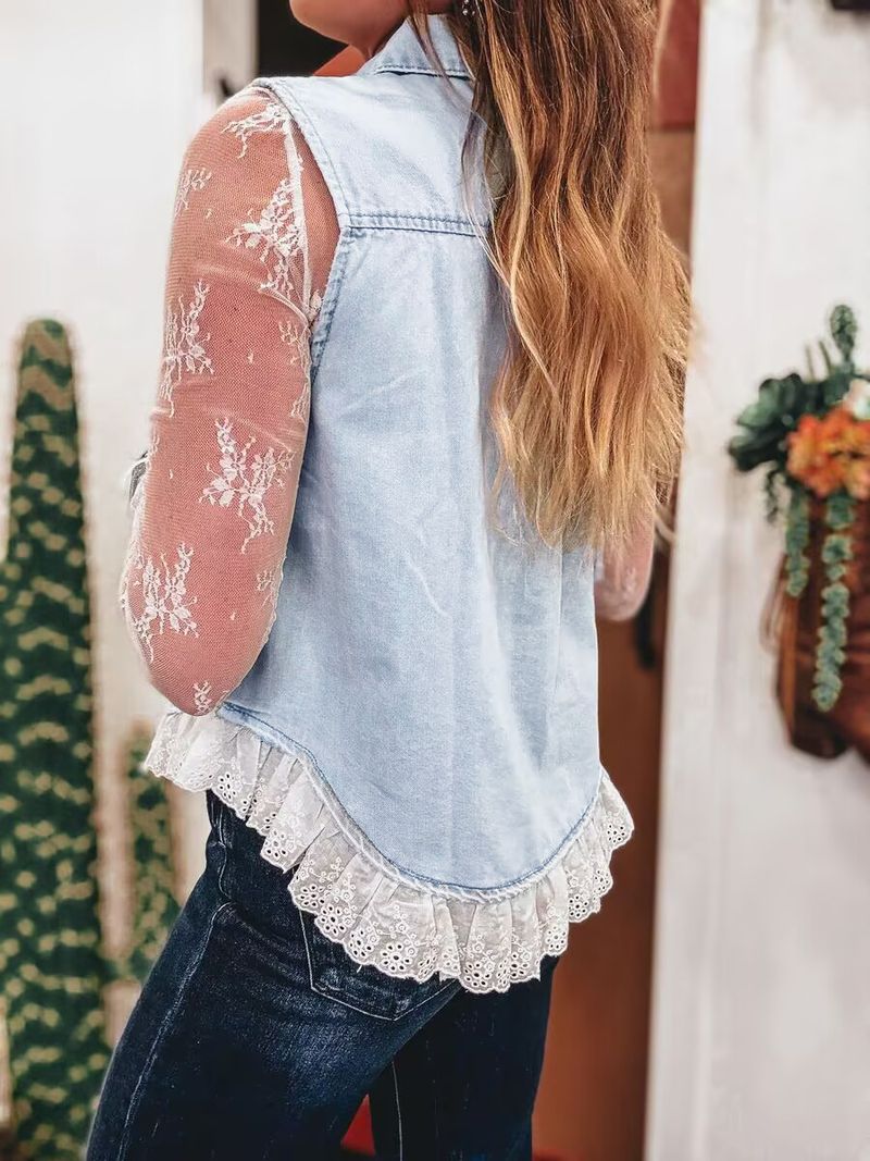 Women's Clothing Spring And Summer Lace Stitching Denim Sleeveless Top Vest_voghion.com