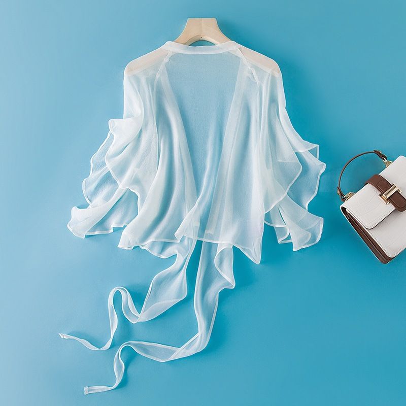 Koreanischer Stil: Neuer kurzer Mantel/Schal, Damen-Top/Cardigan, klein, zum Binden, Sommer, ärmellos, locker, aus echter Maulbeerseide_voghion.com