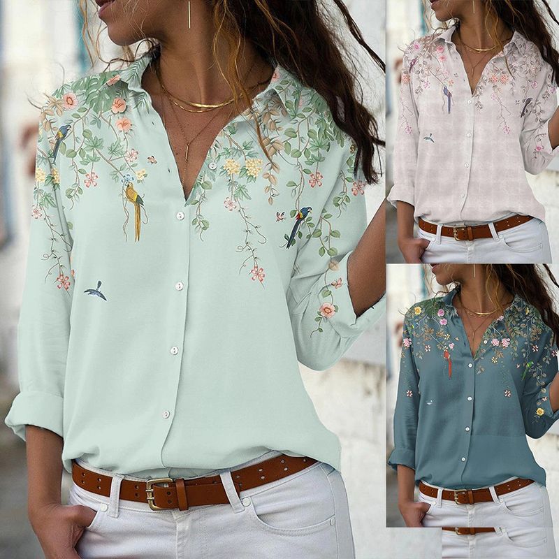 Camicia da donna monopetto a maniche lunghe con risvolto largo, stampata da donna_voghion.com
