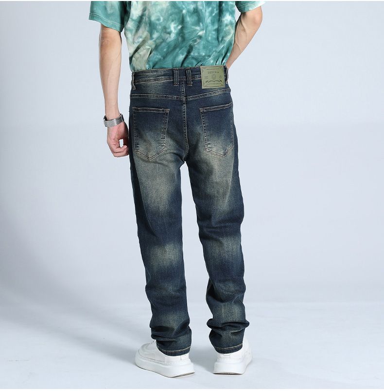 Trendy American Heavy Industry Washed und Used Jeans für Herren, locker und elastisch, Horse Willow Straight Leg Pants, Street Commuter Jeans_voghion.com