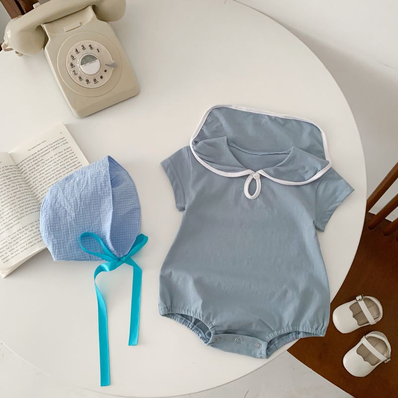 Neonate estive coreane con tuta casual a maniche corte con colletto a bavero in stile blu scuro alla moda, borsa, glutei e_voghion.com