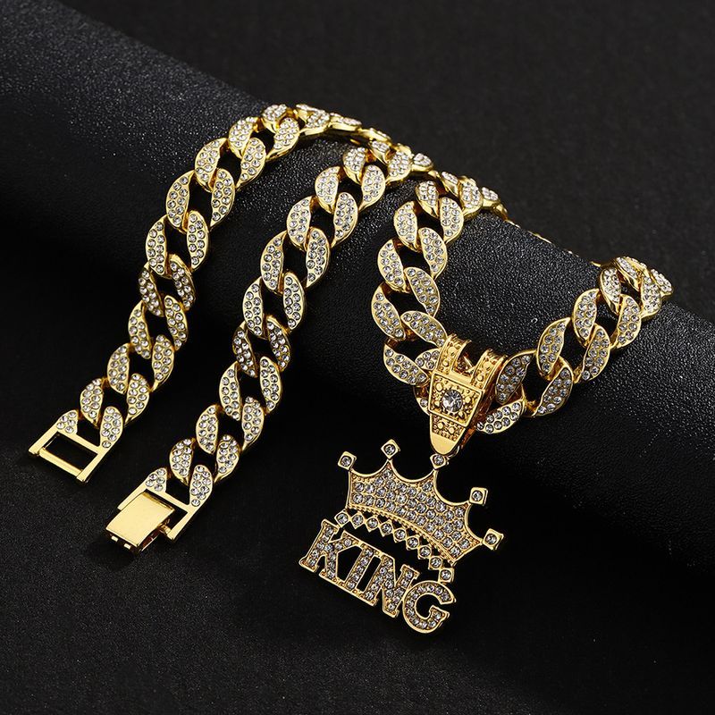 Men's Hip Hop Full Dia Crown Letter KING Pendant Street Trend Cool Alloy Necklace Accessories Men_voghion.com
