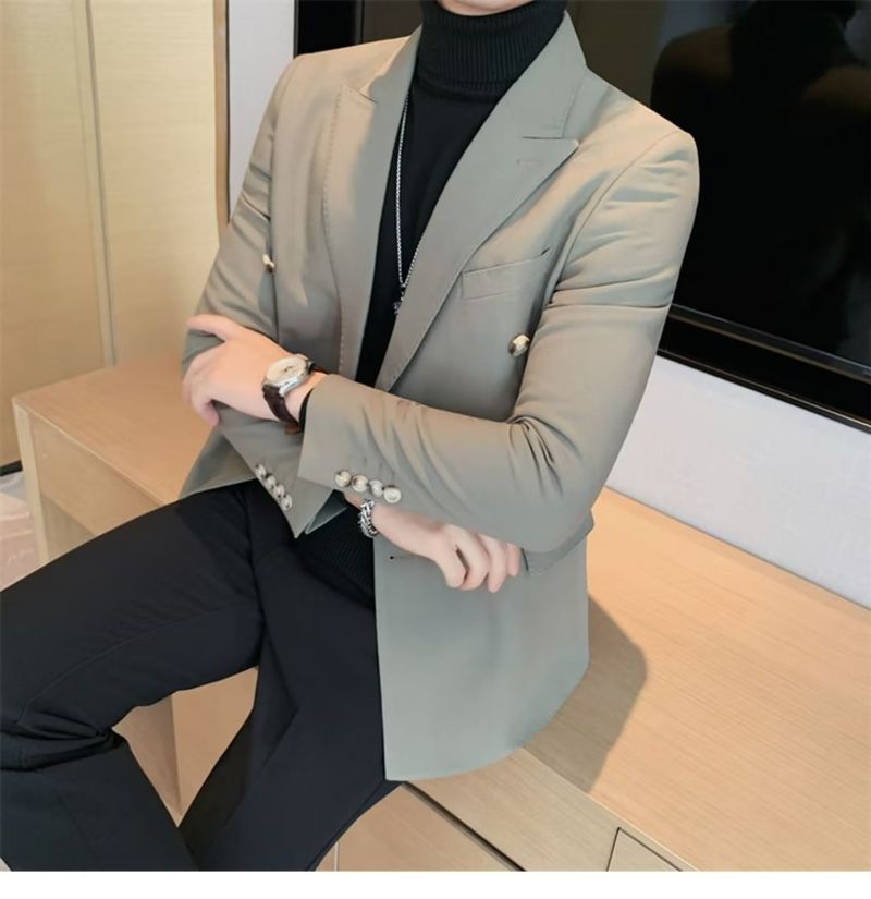 Dubbelrijs Casual Pak Jas Voor Heren Blazers Lente Herfst High-end Brits Zakelijk Trendy Afslankend Glad Silhouet_voghion.com