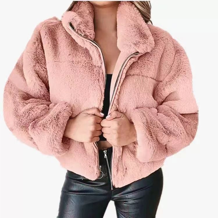 Damenjacke aus Kaninchenfellimitat mit Reißverschluss, eleganter Stehkragen, Mantel-Stil, Winterbluse, ethische pelzähnliche Oberbekleidung_voghion.com