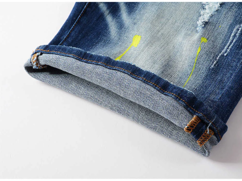 Masculino Patchwork Rasgado Denim Shorts Verão Botões Fly Stretch Jeans Streetwear Desgastado Pintado Calças com_voghion.com