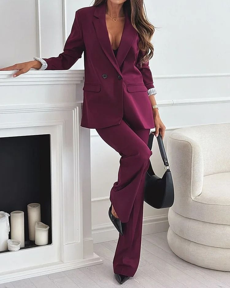 Women's Clothing Suit Lapel Casual Commuting Solid Color Two Piece Suit_voghion.com