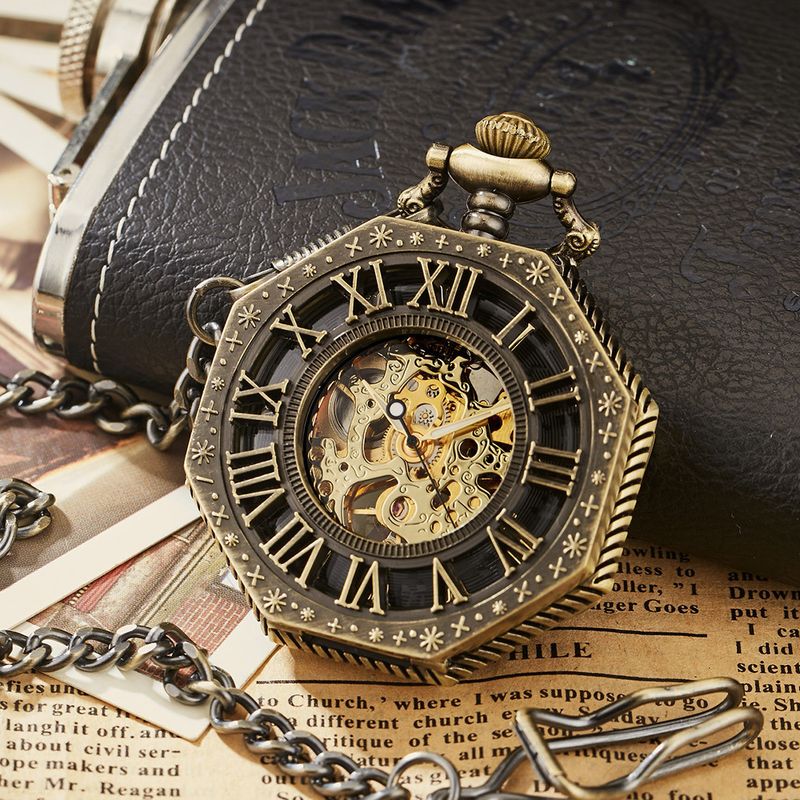 Hot Selling Hollow Engraved Octagonal Mechanical Pocket Watch Roman Blue Numerals_voghion.com