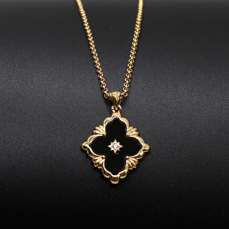 Designer retro tribunal estilo pingente clavícula corrente feminina ouro quatro folhas trevo colar dupla face_voghion.com
