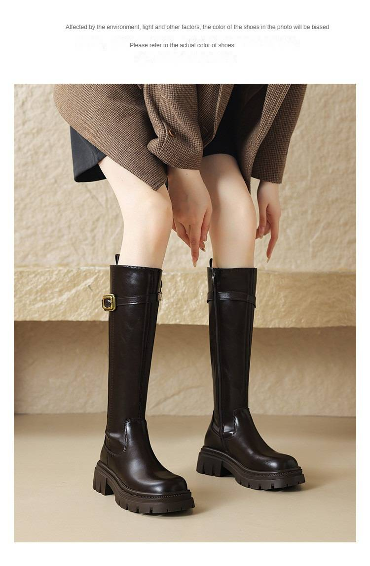 Cameido Women's high thick-soled long boots with fleece lining and belt buckles, knight boots that don't go over the knees._voghion.com
