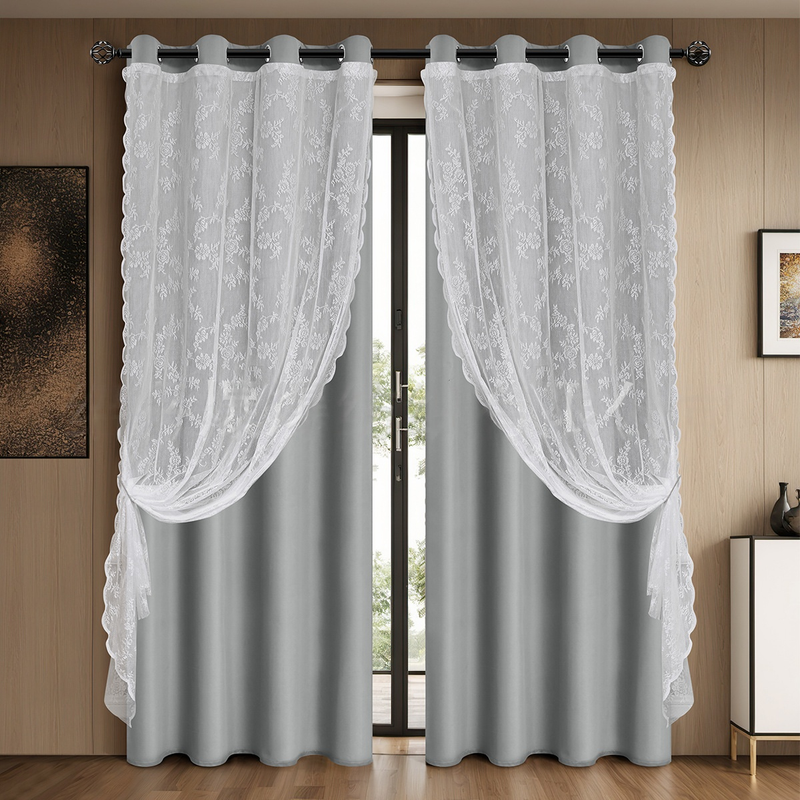 Cortinas blackout de renda dupla - Cortinas de janela perfuradas de cor sólida com proteção total de privacidade (divisórias de ambiente elegantes)_voghion.com