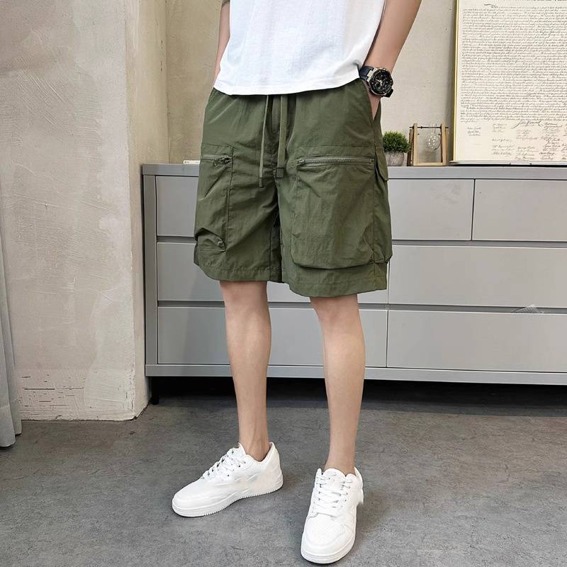 Snel drogende zomerse, dunne, effenkleurige, losse werkbroek met meerdere zakken voor heren, 5-inch casual, trendy merk sportbroek_voghion.com