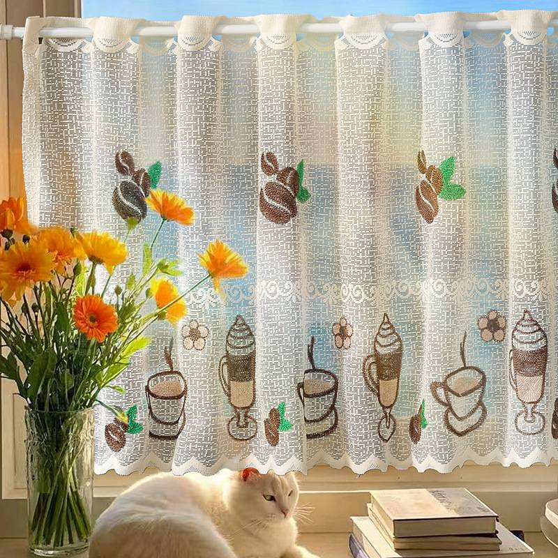 Tea Cup Embroidered Lace Curtain – Rustic Farmhouse Kitchen & Bathroom Valance – Polyester Café Curtains With Elegant Design (Multiple Sizes)_voghion.com