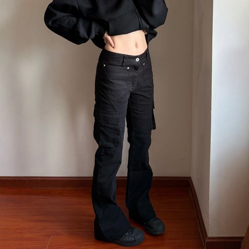 Pantaloni cargo retrò unisex – Jeans da lavoro neri multiuso (gamba dritta, modello bootcut, design multitasche)_voghion.com