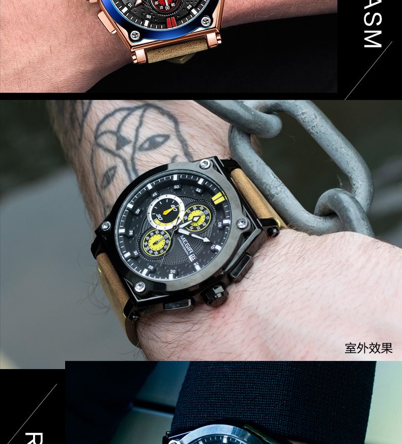 Orologio sportivo da uomo MEGIR in vera pelle con cronografo, resistente all'acqua, luminoso, multifunzione, design elegante_voghion.com