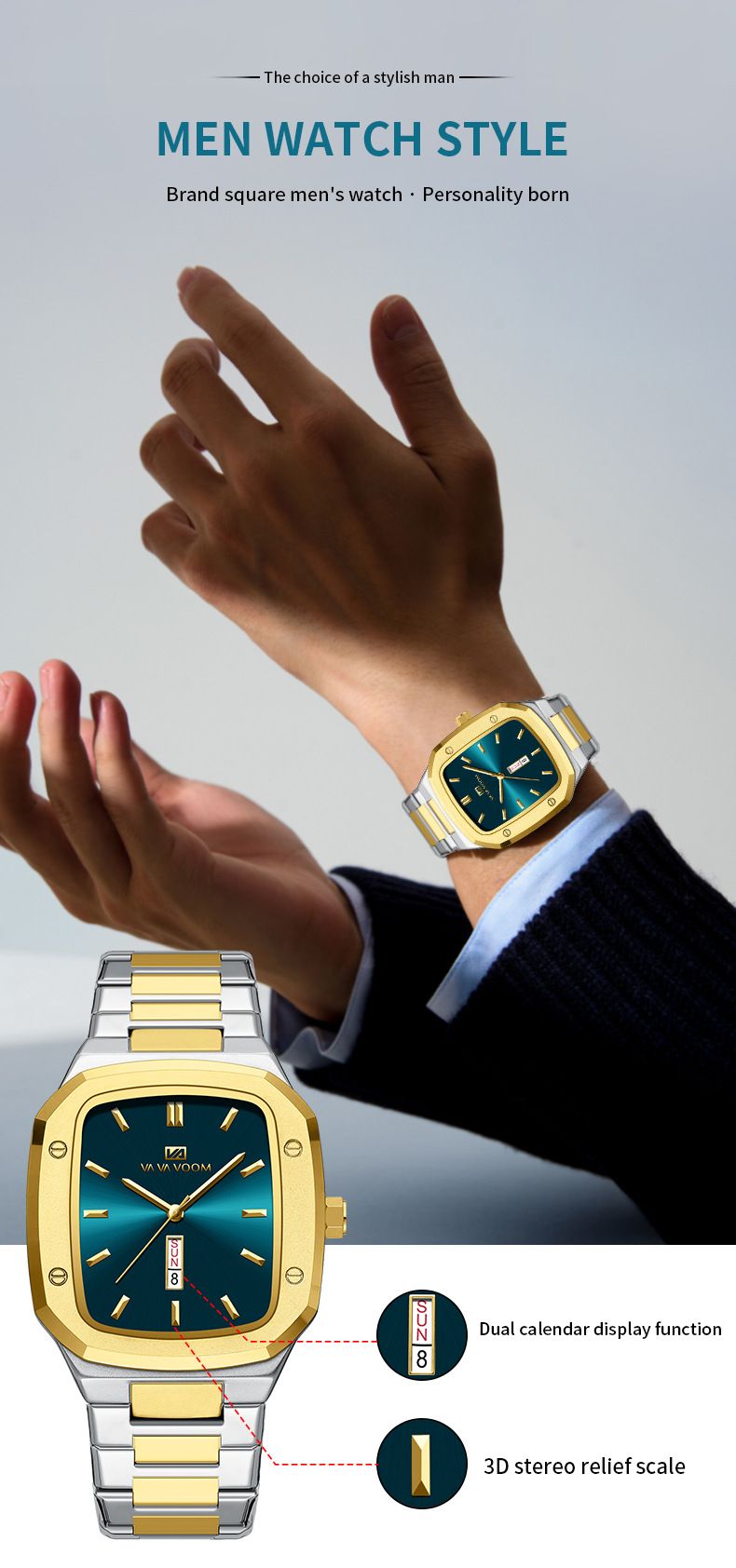 Montre homme Va Va Voom Business, cadran rectangulaire, étanche, créative, double calendrier, ceinture en acier_voghion.com