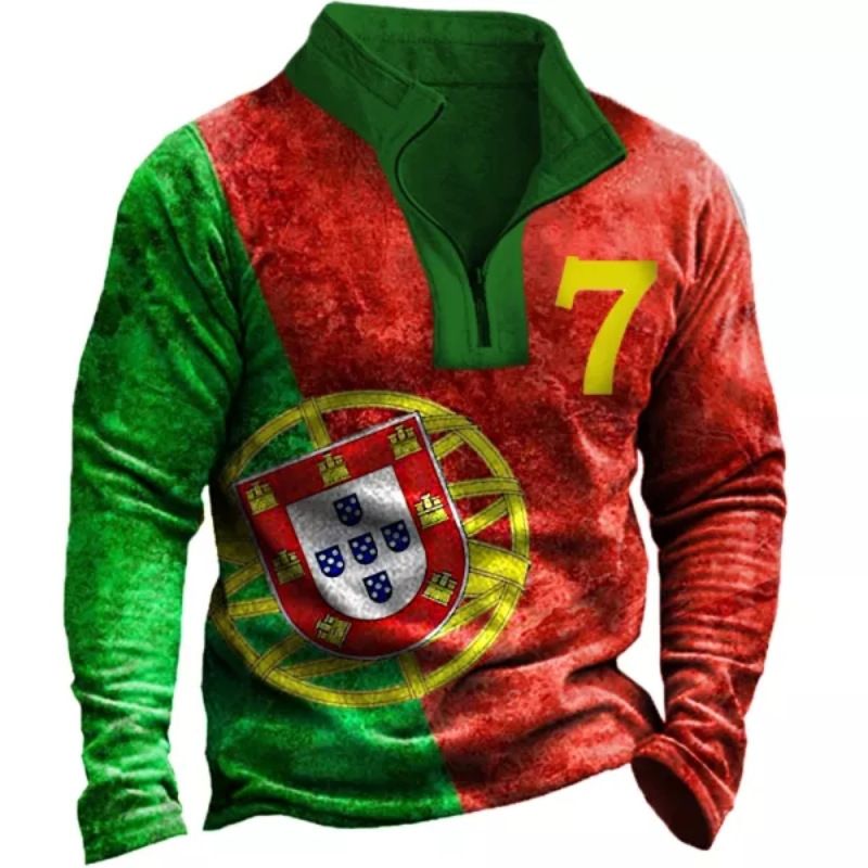 Νέο ανδρικό πουλόβερ με μπαλάκι με φερμουάρ σε όρθιο λαιμό με τρισδιάστατο τύπωμα_voghion.com