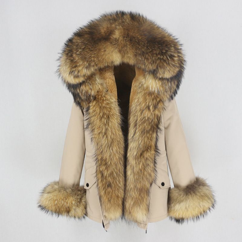 Damenbekleidung Parka im neuen Stil mit verdicktem Kunstpelzfutter, abnehmbarem echtem Waschbärpelz, großer Pelzkragenjacke, Pelzmantel_voghion.com