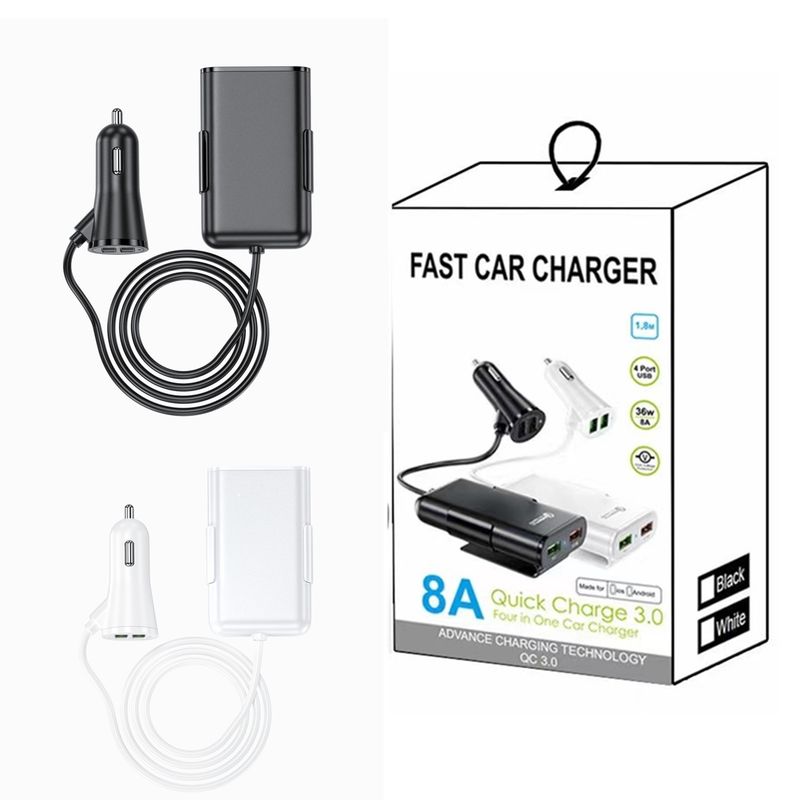 Music Festival  40W 8A QC3.0 front and rear seat charger fast one to four USB with cable, multi port flash charging, car charging_voghion.com
