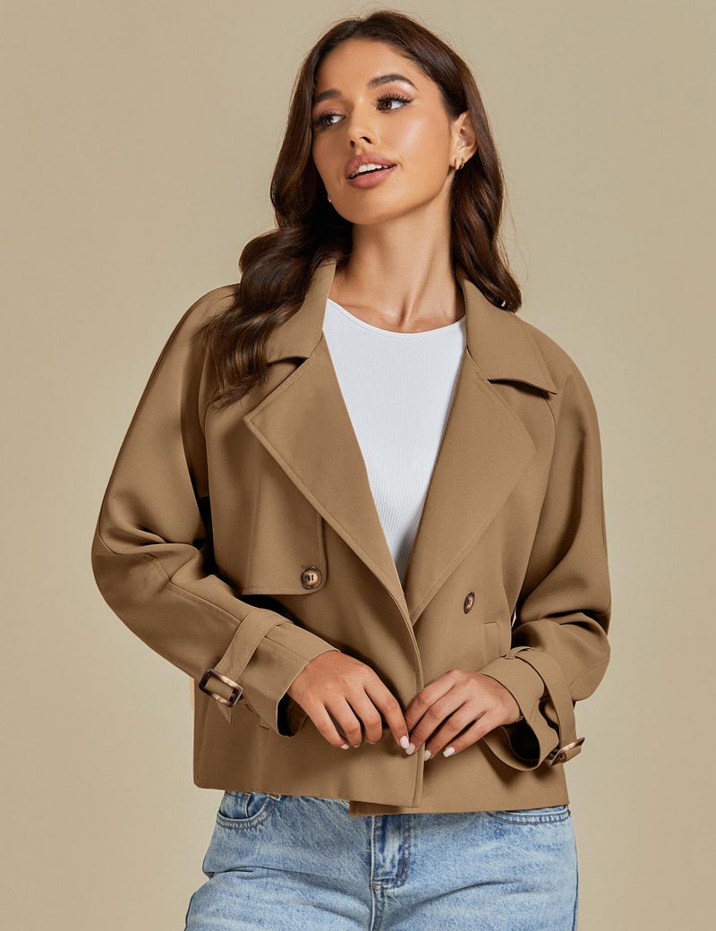 Women's Short Windbreaker Autumn And Winter Long Sleeved Double Breasted Lapel Casual Jacket_voghion.com