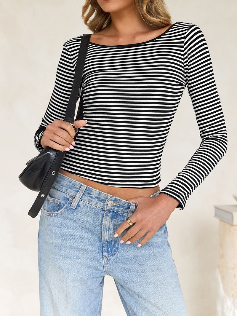 Maglietta a maniche lunghe a righe con schiena scoperta per donna: top aderenti eleganti e sexy con design a contrasto di colore_voghion.com