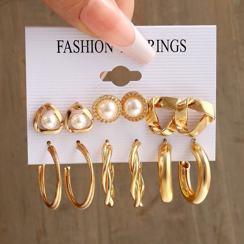 Pearl Twist Earrings Ins Fashion Personality Exaggerated Circle Geometric Hoop Six-Piece Set_voghion.com