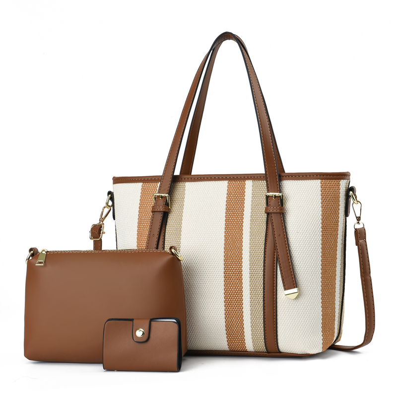 Striped versatile for women, large capacity commuting three piece set, handbag, tote bag, simple and atmospheric women's_voghion.com