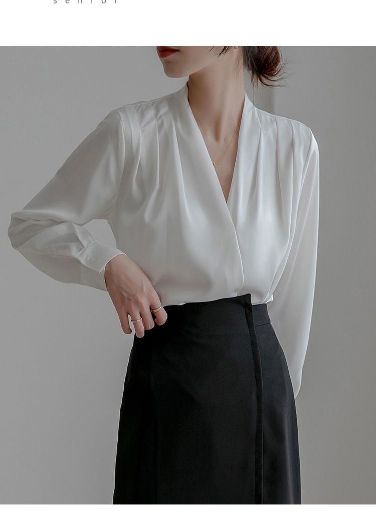 Camicia bianca primavera 2025, manica lunga da donna, design francese, top in seta di nicchia, camicia in raso professionale_voghion.com