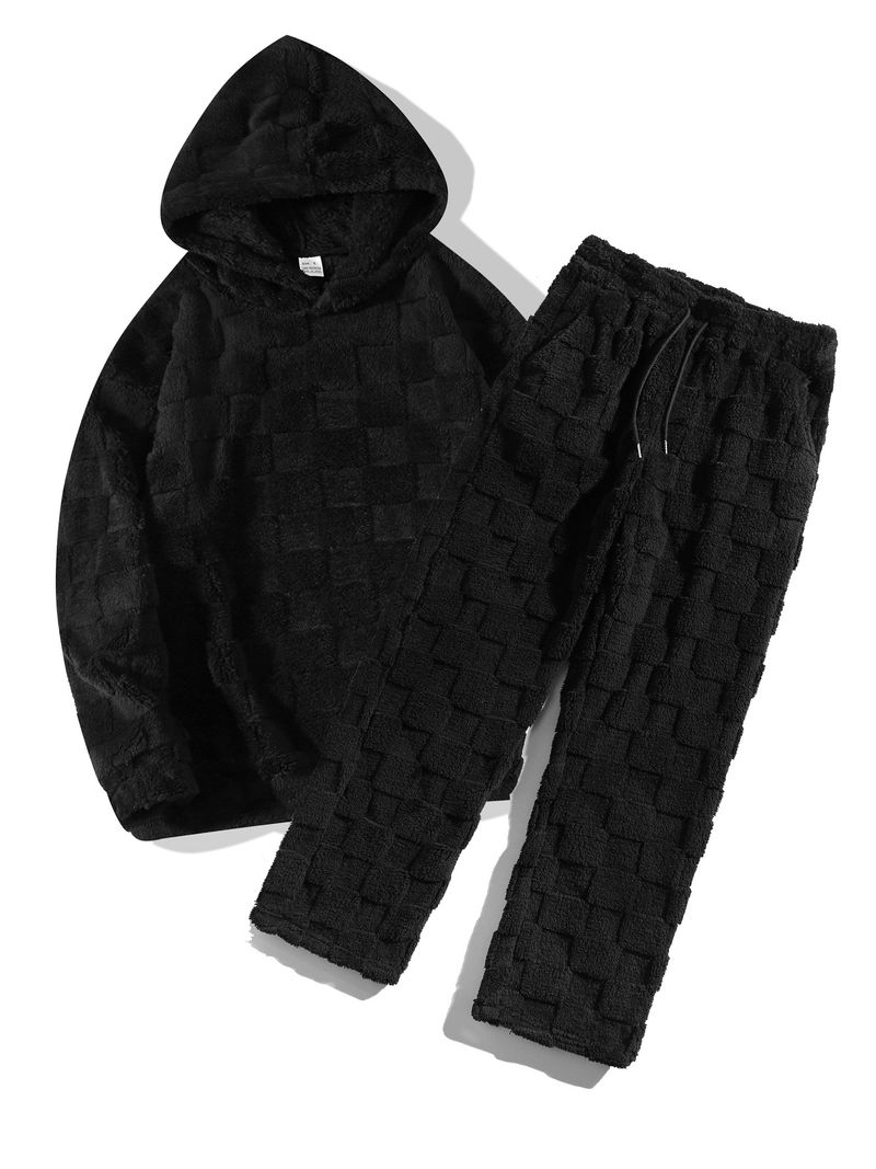 Roupas masculinas outono e inverno novas calças justas de gola redonda manga comprida xadrez pele personalidade terno de duas peças casual masculino_voghion.com