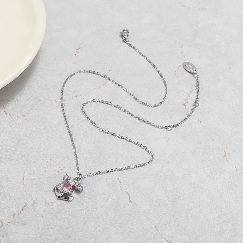 New Western Empress Dowager Anchor Necklace Earrings, Pink Zircon Stone, Fashionable and Minimalist Grade Ear Buckles,_voghion.com