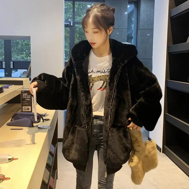 Lucyever, abrigo con capucha de piel sintética de invierno para mujer, chaqueta de piel sintética cálida informal de Color sólido, chaqueta gruesa peluda a la moda para mujer_voghion.com