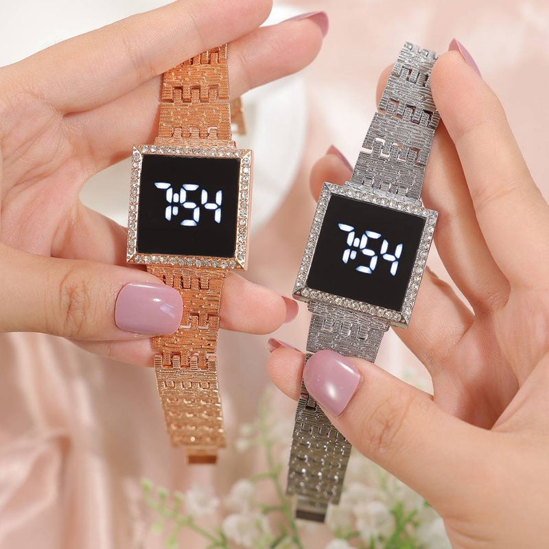Modieus stalen band diamant ingelegd dameshorloge vierkant volledig diamant vrouwelijk student geleid elektronisch horloge_voghion.com