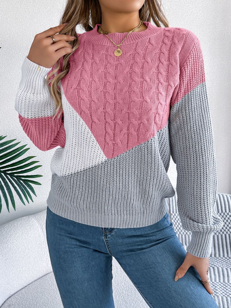 Women's Clothing Casual Colorblock Cable Knit Sweater Long Sleeve Round Neck Pullover Fall Winter Fashion Tops_voghion.com