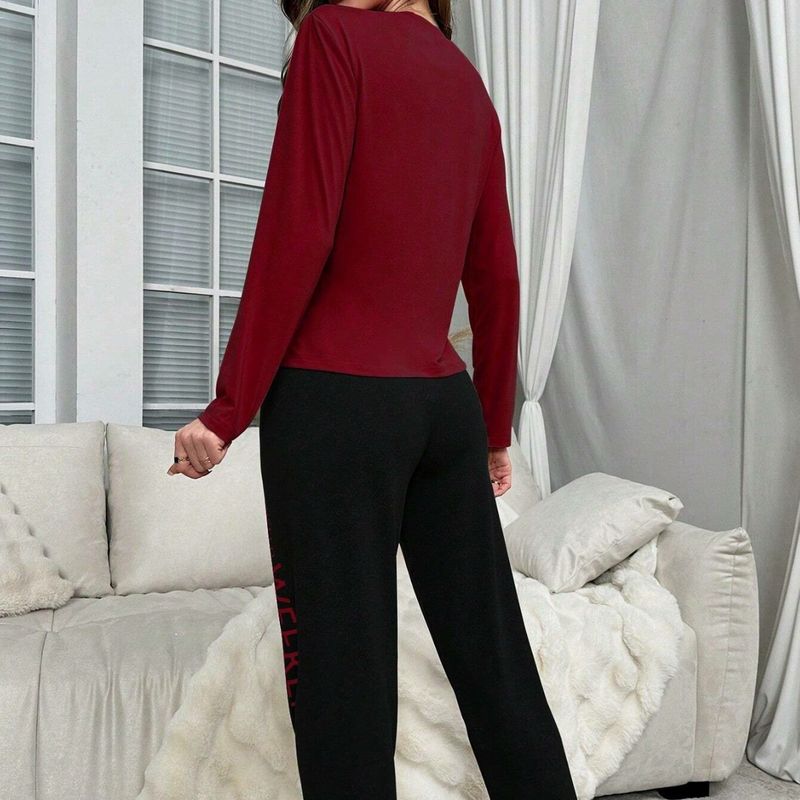 Women's Autumn Loungewear Set - Long Sleeve Letter Print Top & Pants Comfy Two-Piece Sleepwear (Wine Red/Peach, S-4XL)_voghion.com