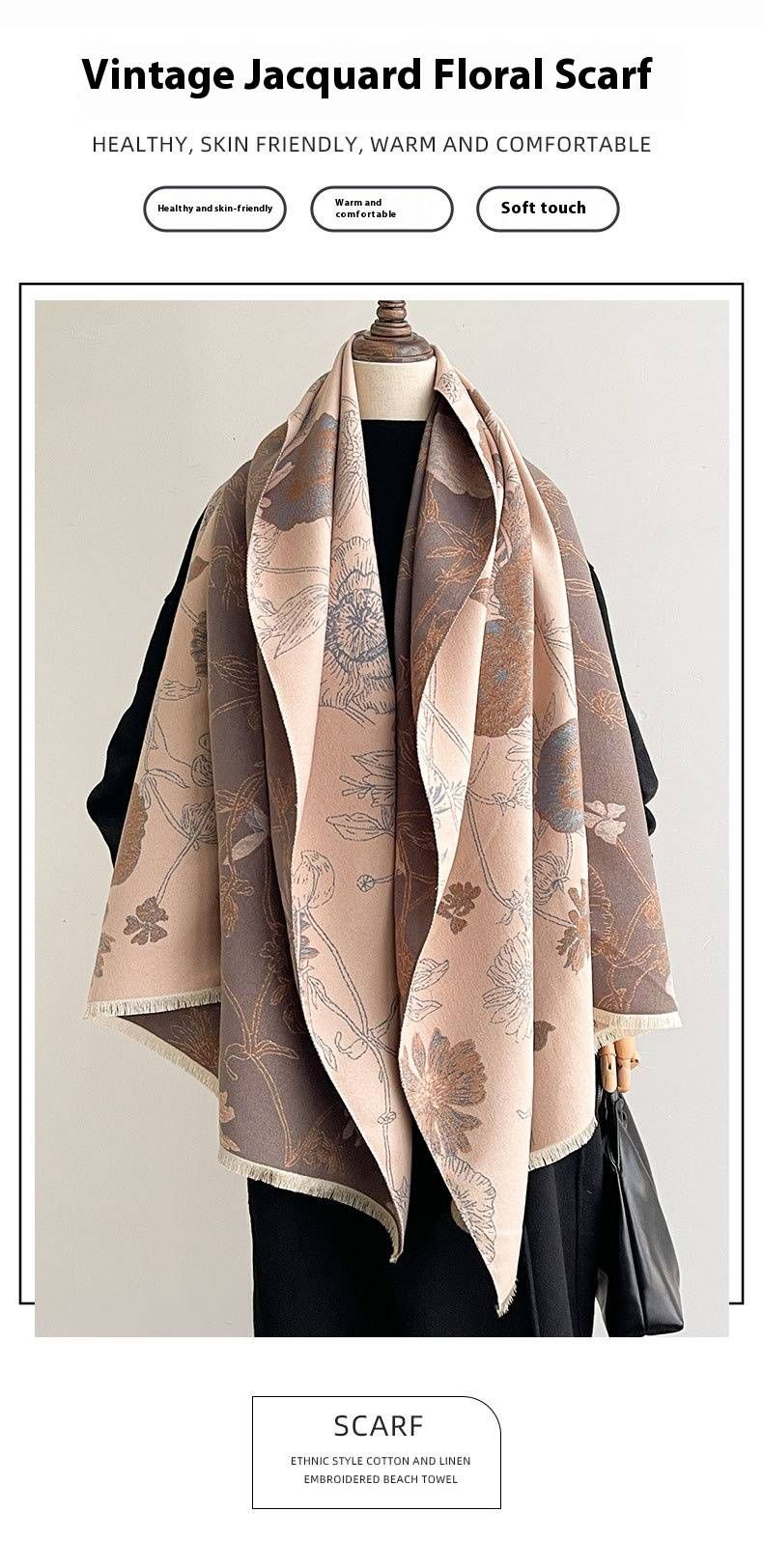 Dwustronny szal z imitacji kaszmiru – zimowy, ciepły, kwiatowy szal dla kobiet i na prezent (w stylu koreańskim, dwustronny, miękki i przytulny)_voghion.com