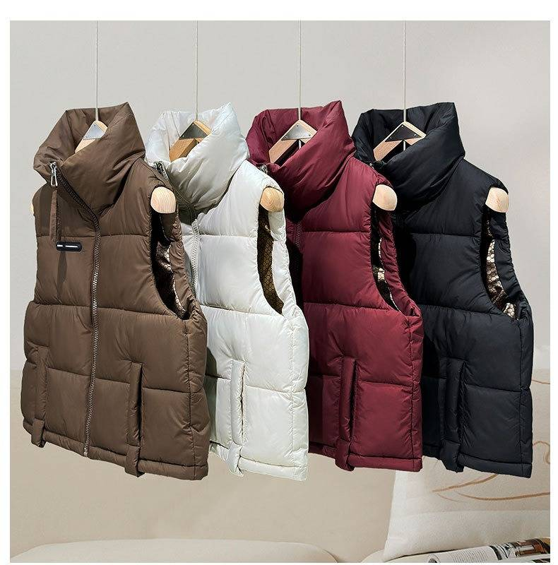 Gilet matelassé à col montant – Doudoune d'hiver coréenne sans manches pour femme (M-XL, Noir/Crème/Bordeaux/Marron)_voghion.com