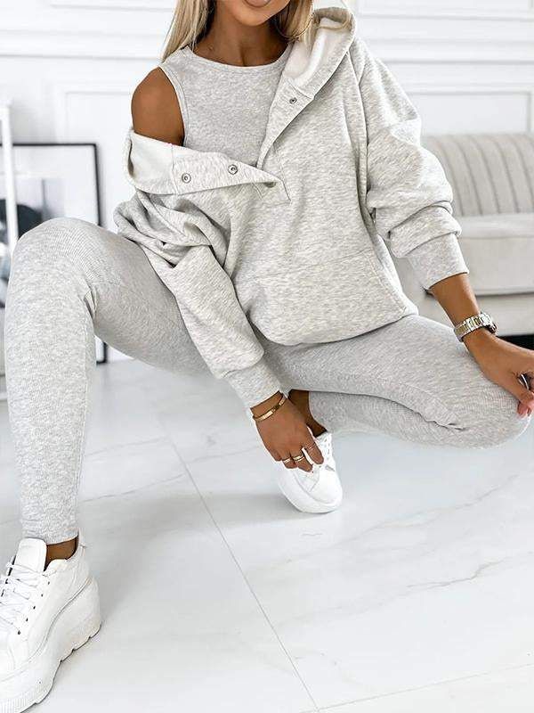 Ensemble 3 pièces pour femme : sweat à capuche, gilet côtelé et jogging – Tenue de détente athlétique (noir/blanc/bleu marine/12 couleurs, S-XXXL)_voghion.com