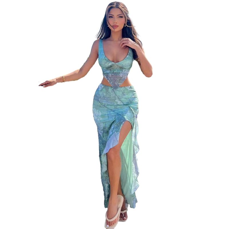 Conjunto sexy de 2 piezas para vacaciones de verano para mujer, camisetas sin mangas con cuello en V irregulares y faldas largas con abertura, atuendos a juego de medianoche._voghion.com